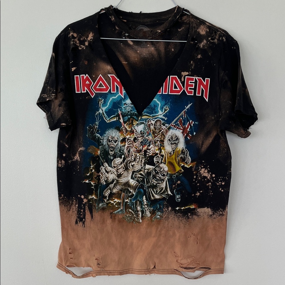 Custom made Iron Maiden Graphic Band Tee - Black & Tan Bleach Effect